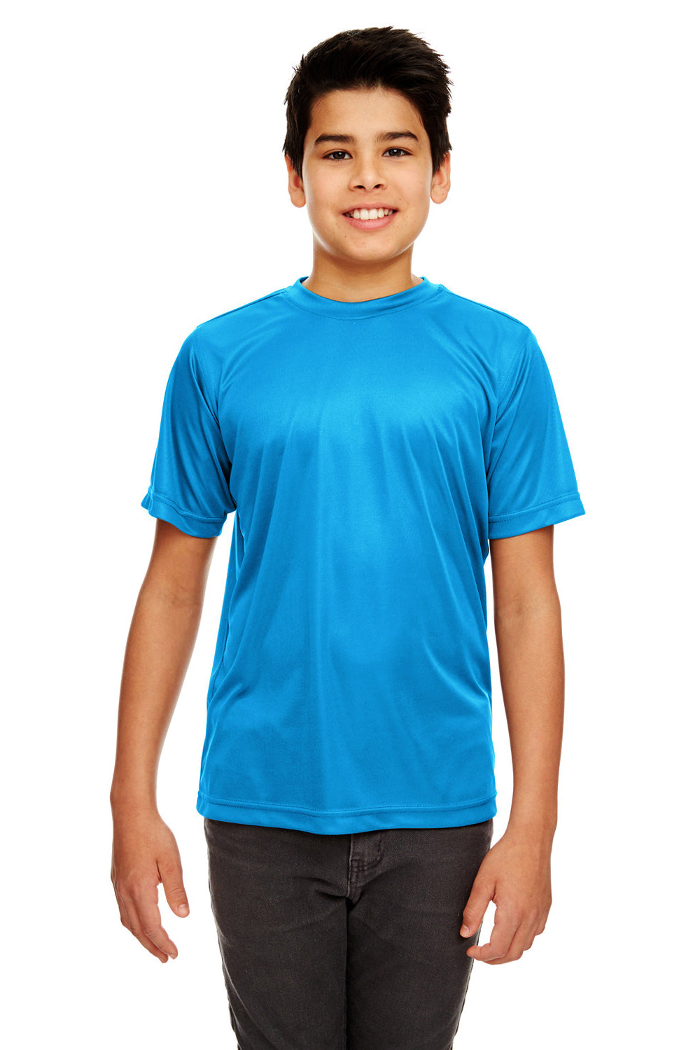 UltraClub 8420Y Youth Cool & Dry Performance Moisture Wicking Short Sleeve Crewneck T-Shirt Sapphire Blue Model Front