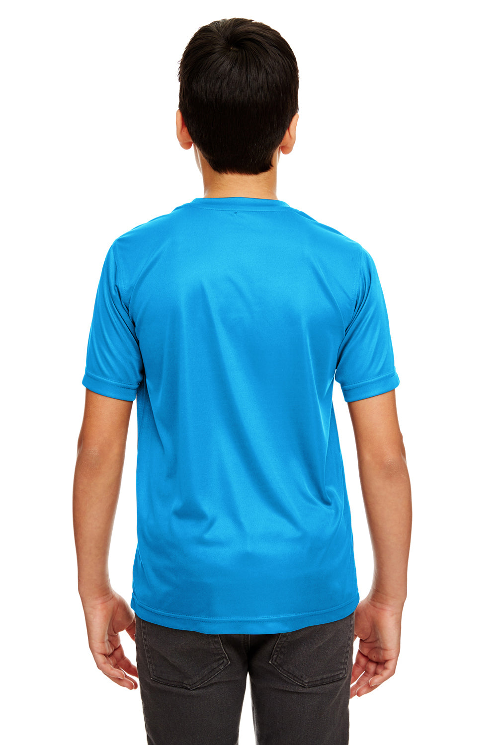 UltraClub 8420Y Youth Cool & Dry Performance Moisture Wicking Short Sleeve Crewneck T-Shirt Sapphire Blue Model Back