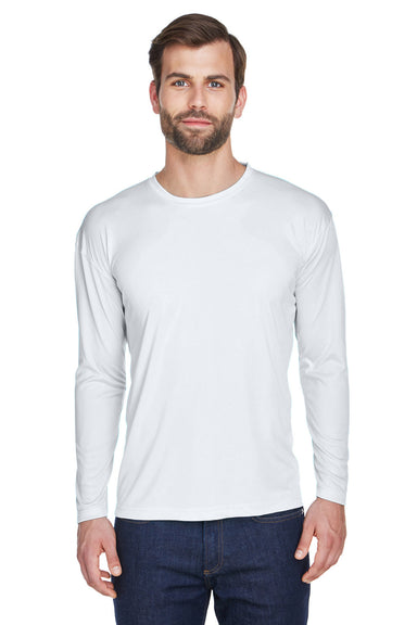 UltraClub 8422 Mens Cool & Dry Performance Moisture Wicking Long Sleeve Crewneck T-Shirt White Model Front