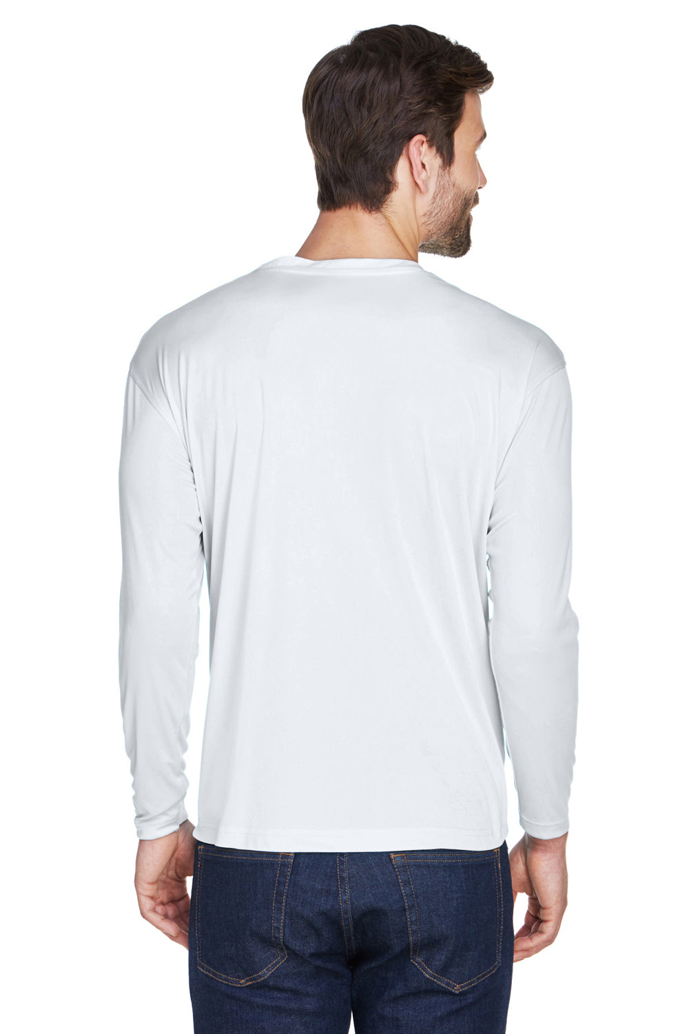 UltraClub 8422 Mens Cool & Dry Performance Moisture Wicking Long Sleeve Crewneck T-Shirt White Model Back