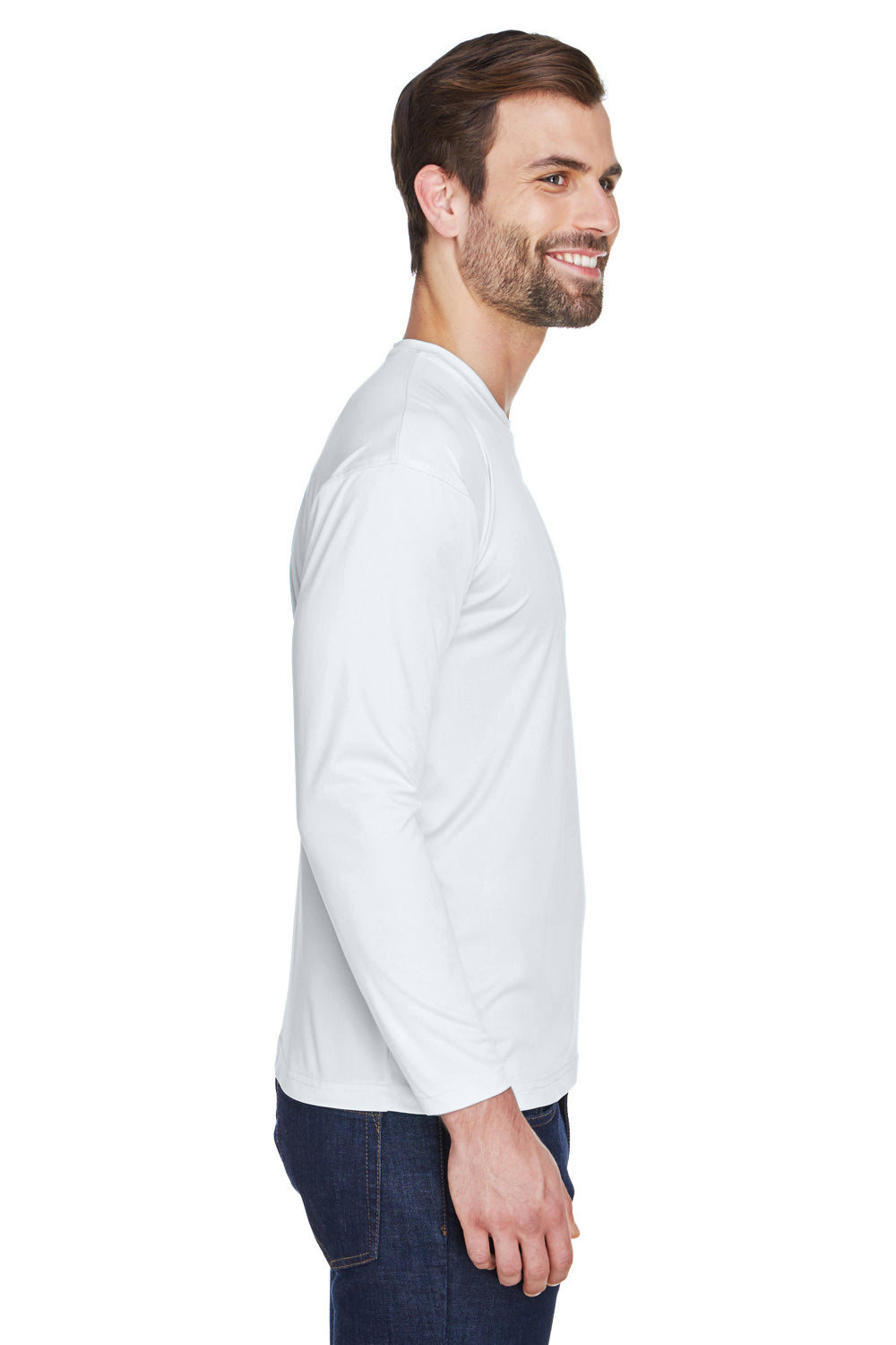 UltraClub 8422 Mens Cool & Dry Performance Moisture Wicking Long Sleeve Crewneck T-Shirt White Model Side