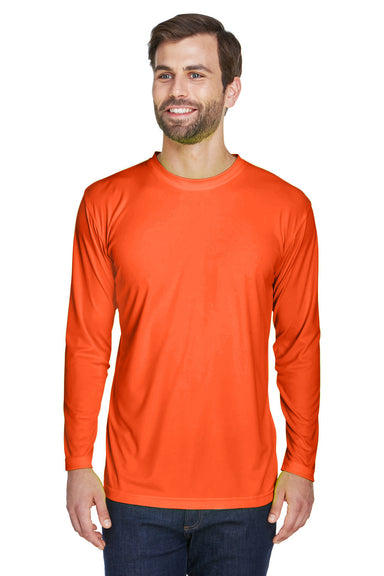 UltraClub 8422 Mens Cool & Dry Performance Moisture Wicking Long Sleeve Crewneck T-Shirt Bright Orange Model Front