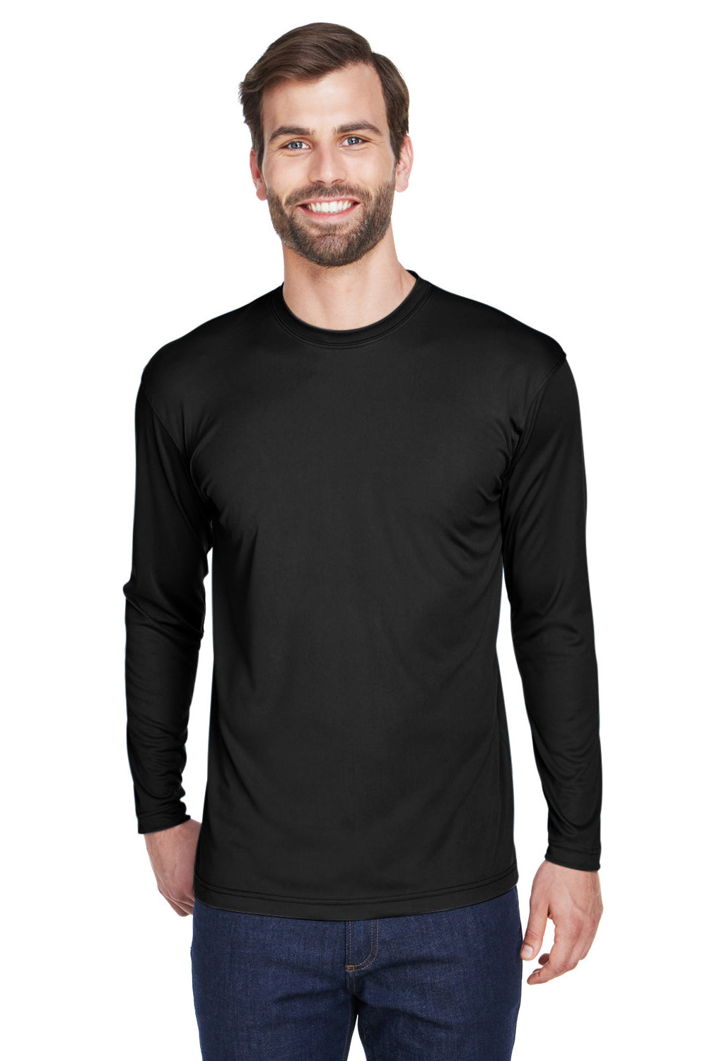 UltraClub 8422 Mens Cool & Dry Performance Moisture Wicking Long Sleeve Crewneck T-Shirt Black Model Front