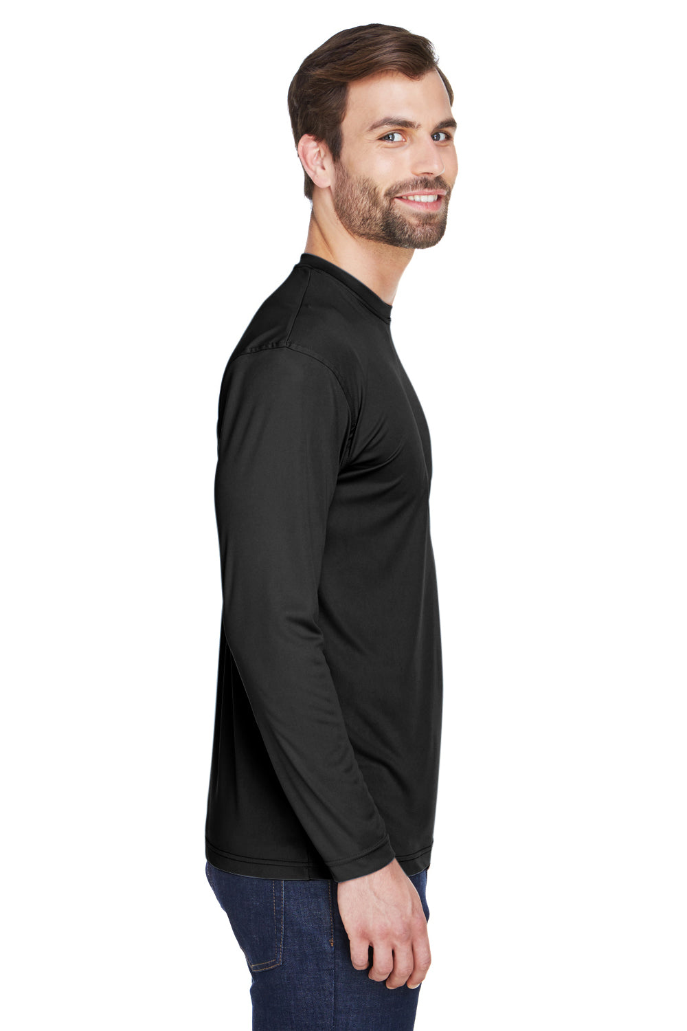 UltraClub 8422 Mens Cool & Dry Performance Moisture Wicking Long Sleeve Crewneck T-Shirt Black Model Side