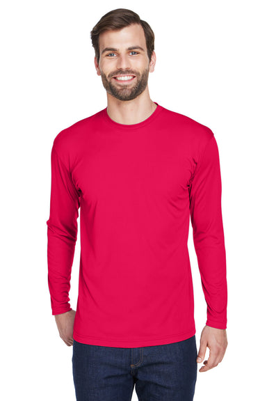 UltraClub 8422 Mens Cool & Dry Performance Moisture Wicking Long Sleeve Crewneck T-Shirt Red Model Front