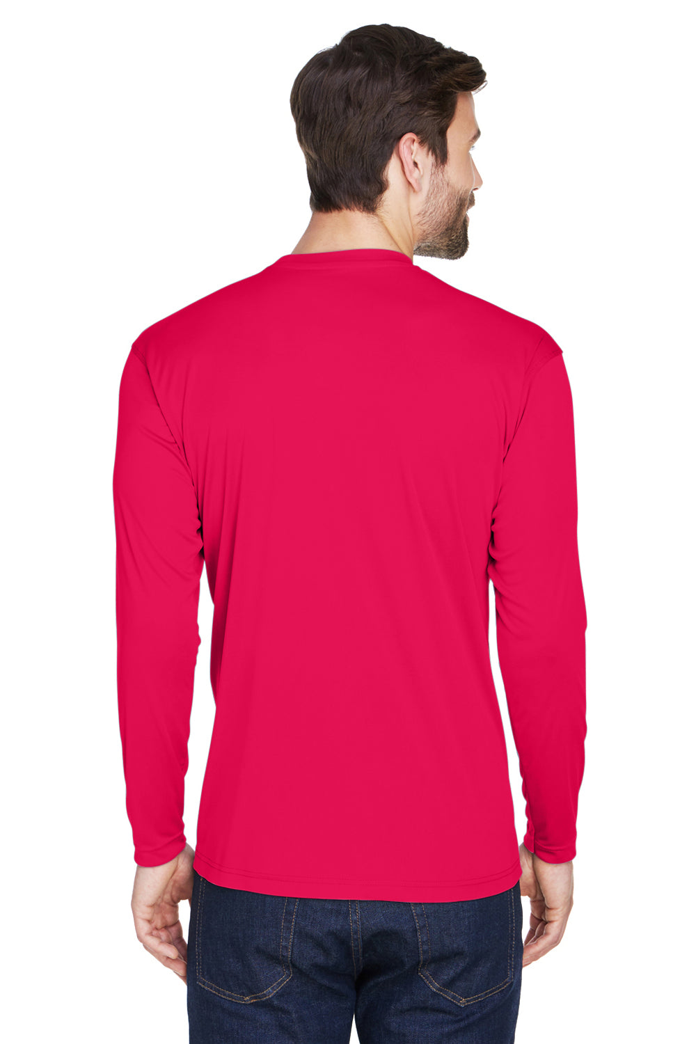 UltraClub 8422 Mens Cool & Dry Performance Moisture Wicking Long Sleeve Crewneck T-Shirt Red Model Back