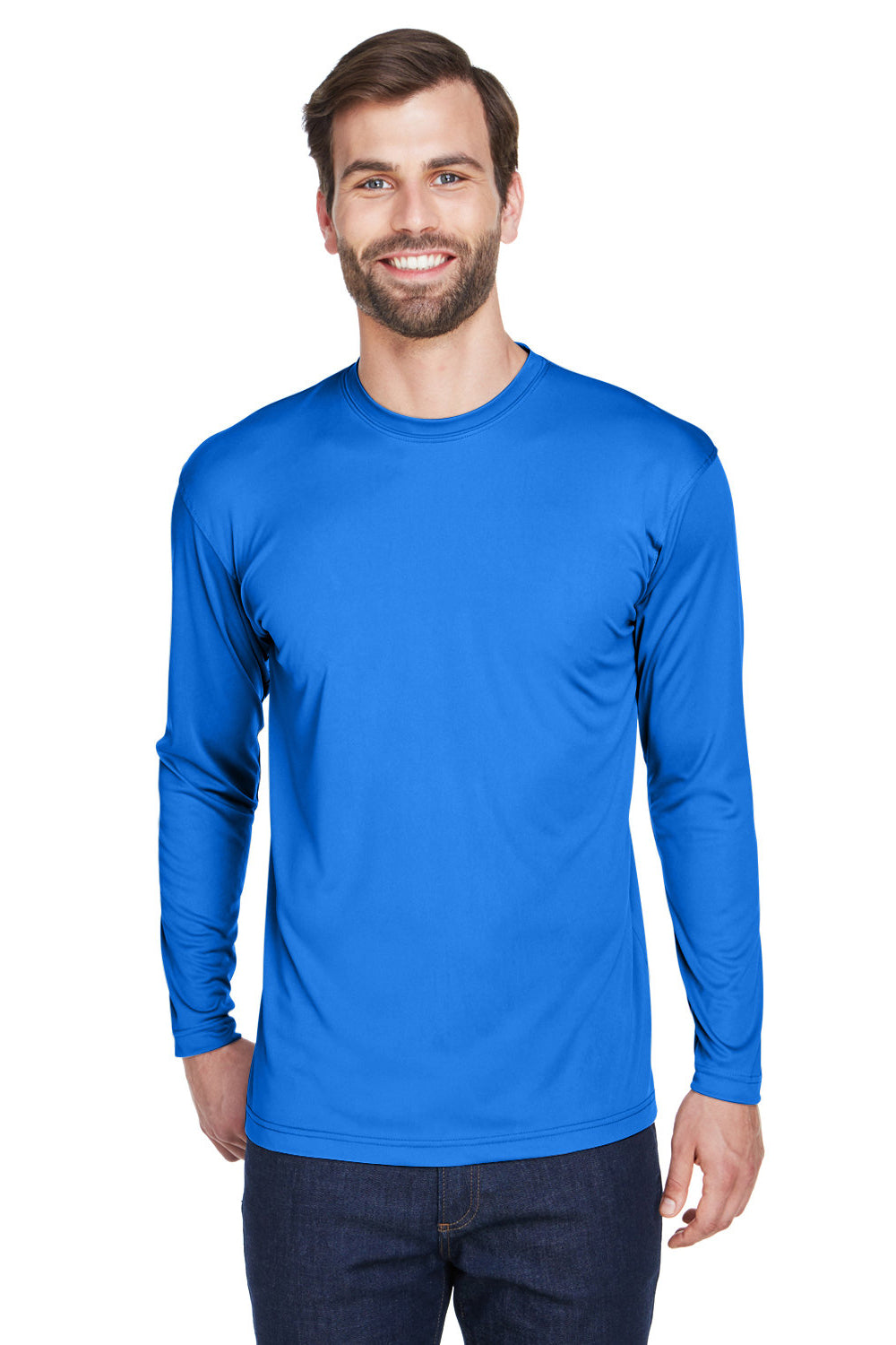 UltraClub 8422 Mens Cool & Dry Performance Moisture Wicking Long Sleeve Crewneck T-Shirt Royal Blue Model Front