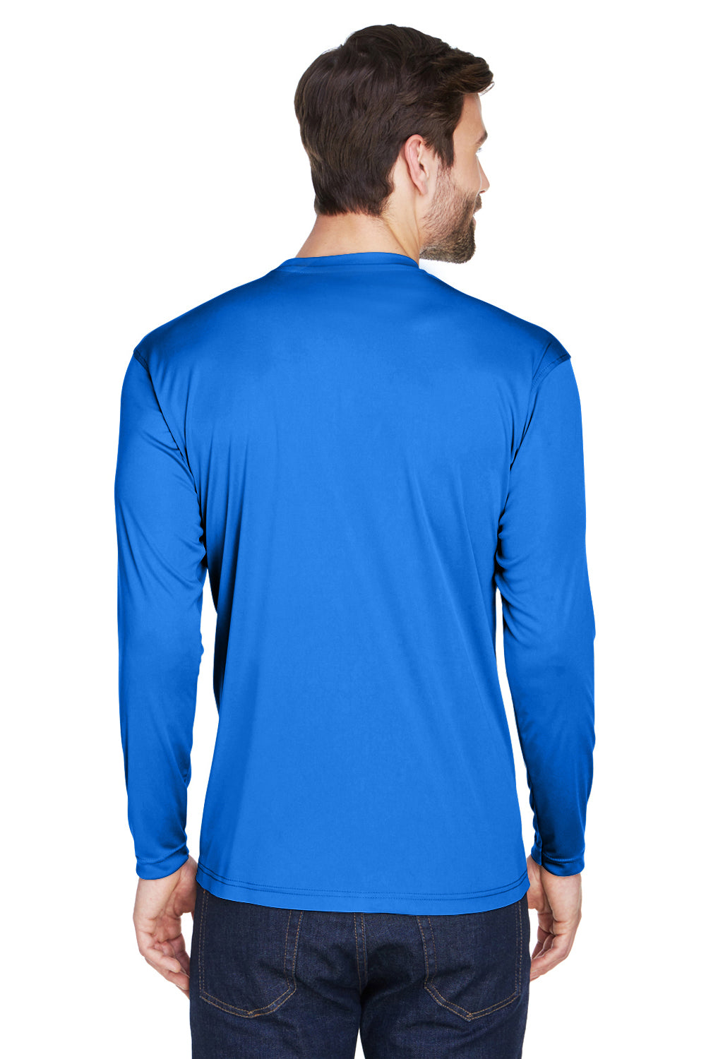 UltraClub 8422 Mens Cool & Dry Performance Moisture Wicking Long Sleeve Crewneck T-Shirt Royal Blue Model Back