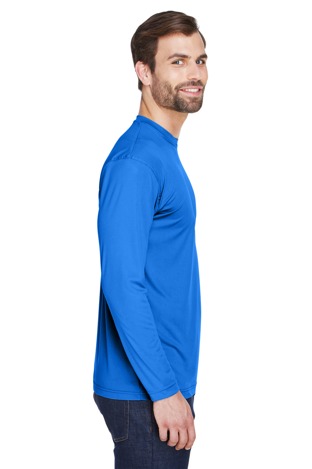 UltraClub 8422 Mens Cool & Dry Performance Moisture Wicking Long Sleeve Crewneck T-Shirt Royal Blue Model Side