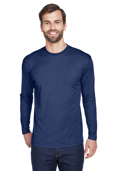 UltraClub 8422 Mens Cool & Dry Performance Moisture Wicking Long Sleeve Crewneck T-Shirt Navy Blue Model Front