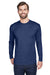 UltraClub 8422 Mens Cool & Dry Performance Moisture Wicking Long Sleeve Crewneck T-Shirt Navy Blue Model Front