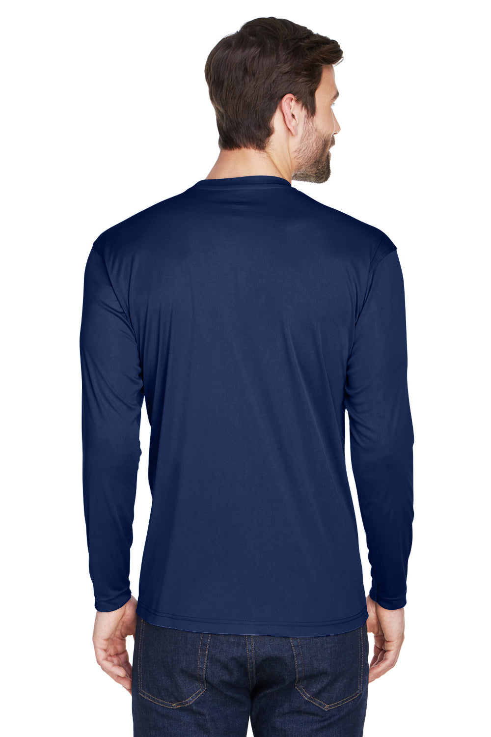 UltraClub 8422 Mens Cool & Dry Performance Moisture Wicking Long Sleeve Crewneck T-Shirt Navy Blue Model Back