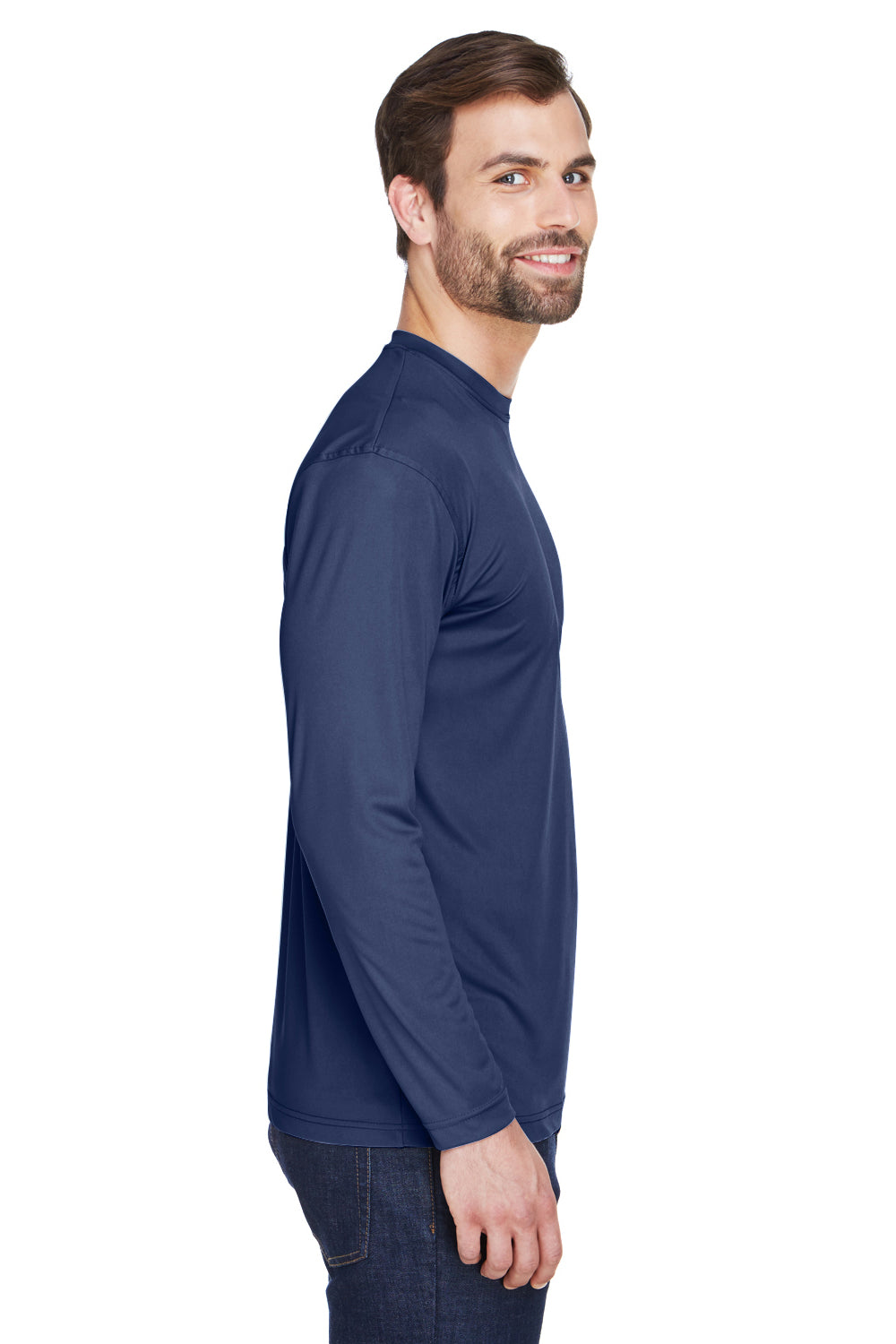 UltraClub 8422 Mens Cool & Dry Performance Moisture Wicking Long Sleeve Crewneck T-Shirt Navy Blue Model Side