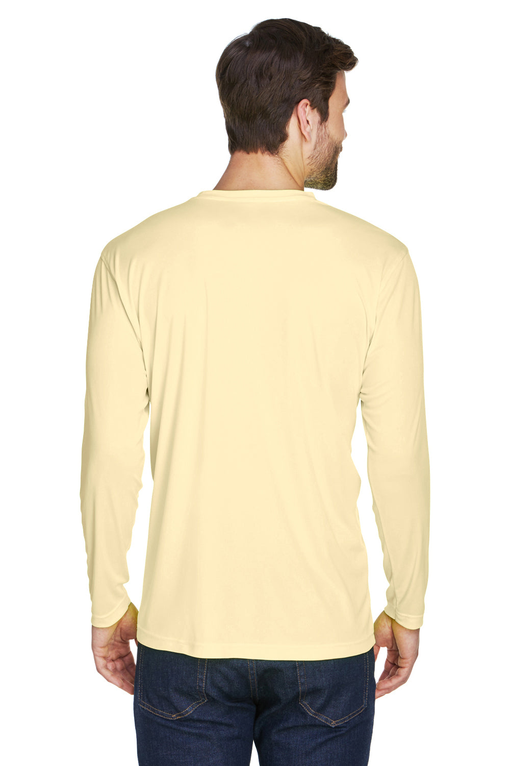 UltraClub 8422 Mens Cool & Dry Performance Moisture Wicking Long Sleeve Crewneck T-Shirt Butter Yellow Model Back