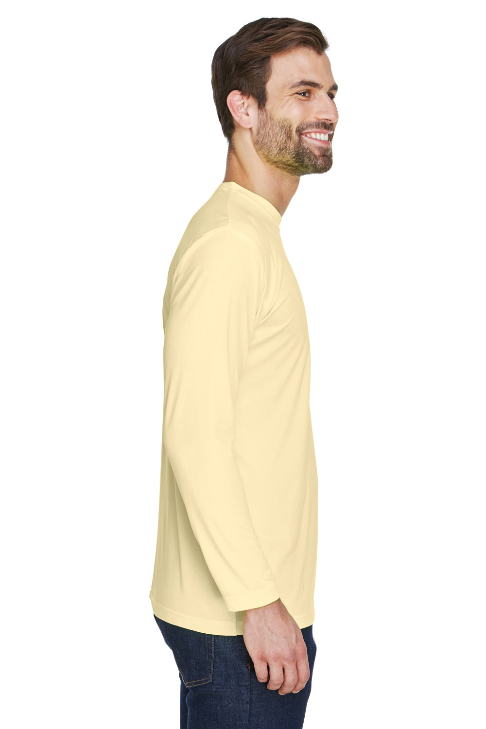 UltraClub 8422 Mens Cool & Dry Performance Moisture Wicking Long Sleeve Crewneck T-Shirt Butter Yellow Model Side