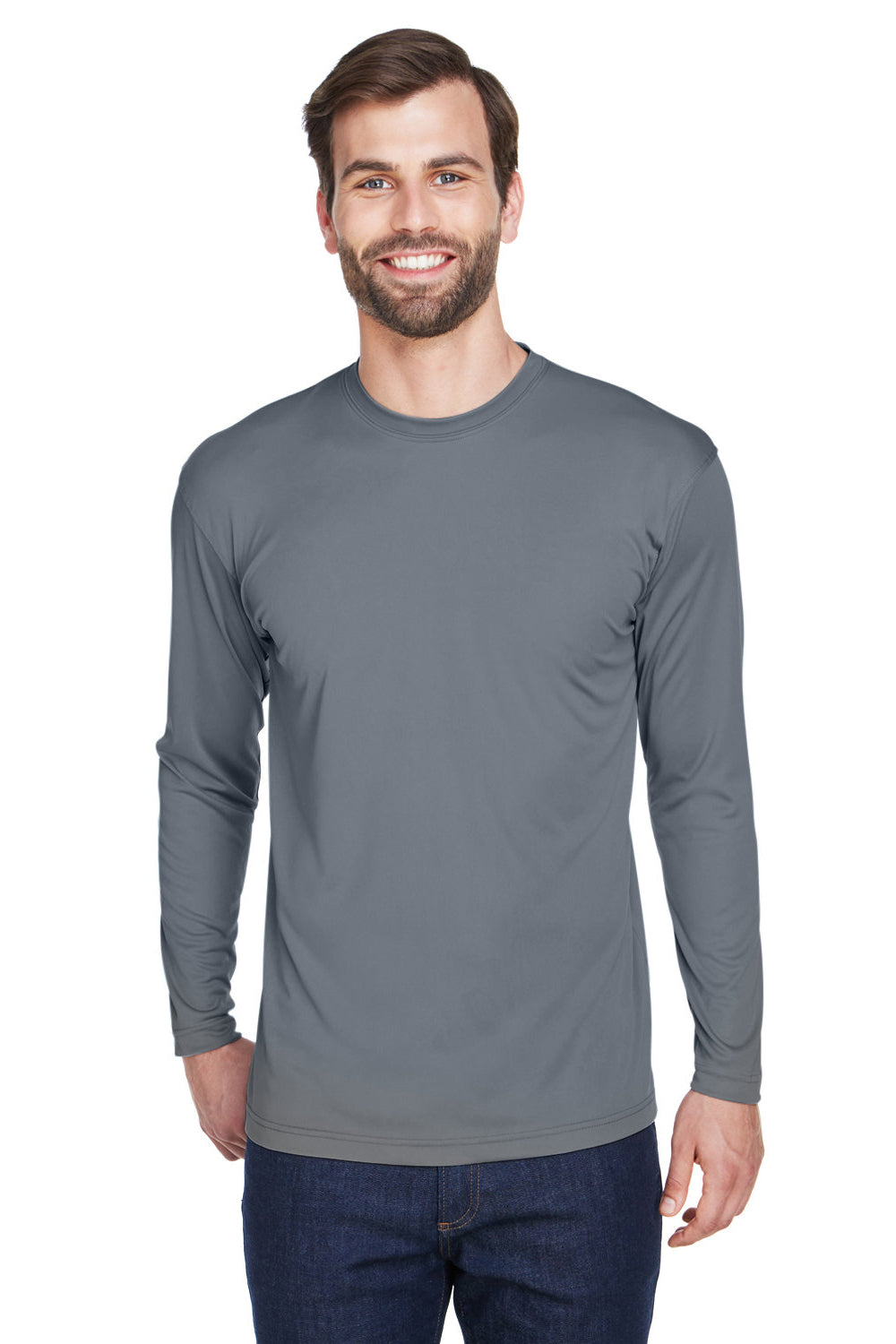 UltraClub 8422 Mens Cool & Dry Performance Moisture Wicking Long Sleeve Crewneck T-Shirt Charcoal Grey Model Front