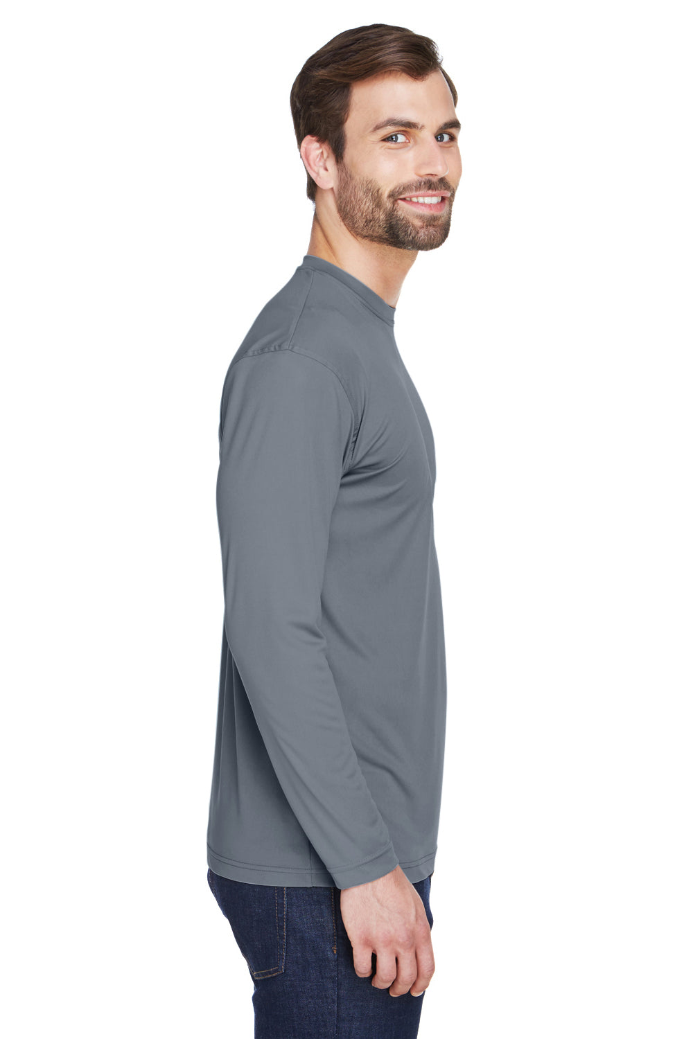 UltraClub 8422 Mens Cool & Dry Performance Moisture Wicking Long Sleeve Crewneck T-Shirt Charcoal Grey Model Side