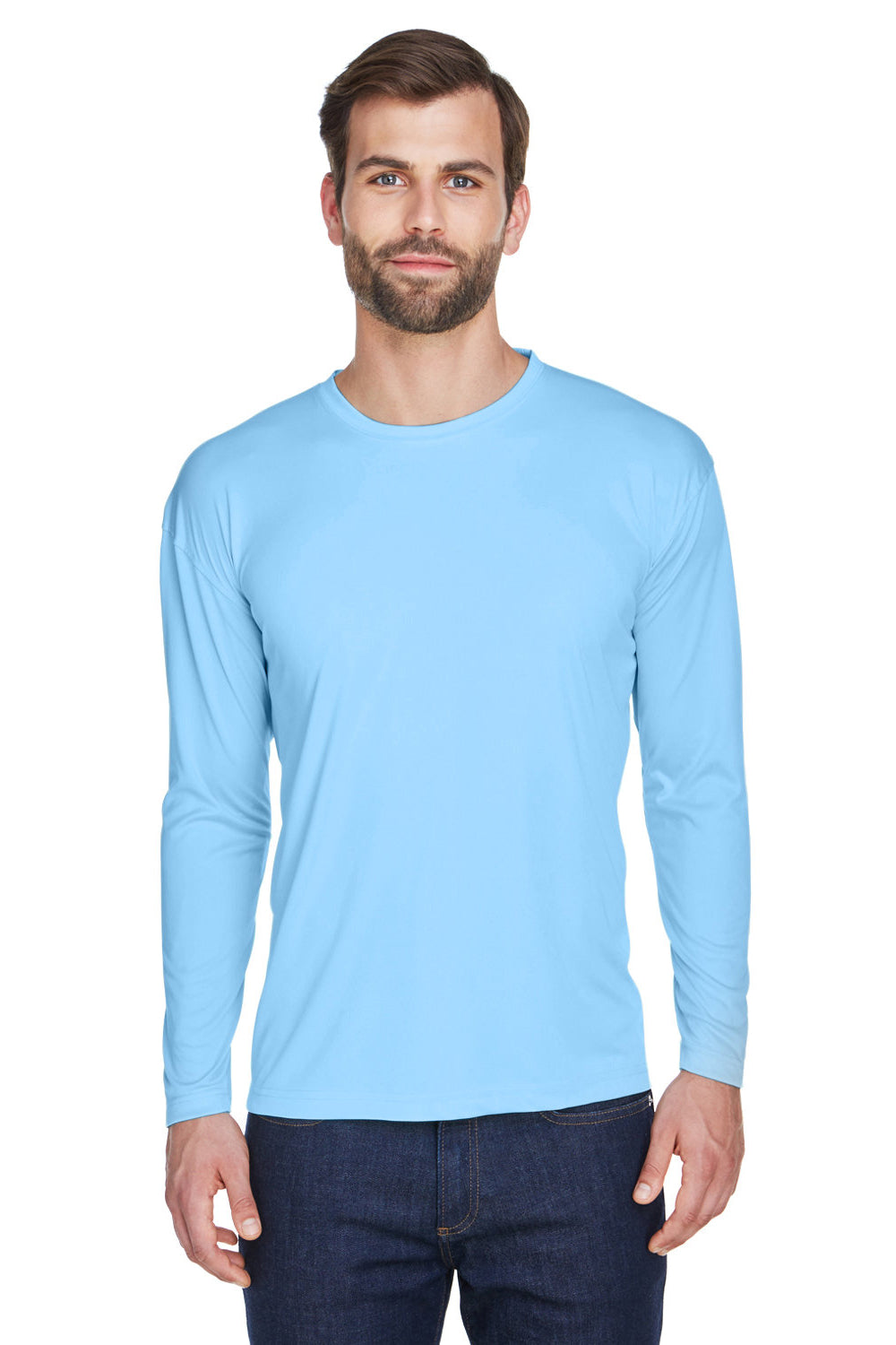 UltraClub 8422 Mens Cool & Dry Performance Moisture Wicking Long Sleeve Crewneck T-Shirt Columbia Blue Model Front