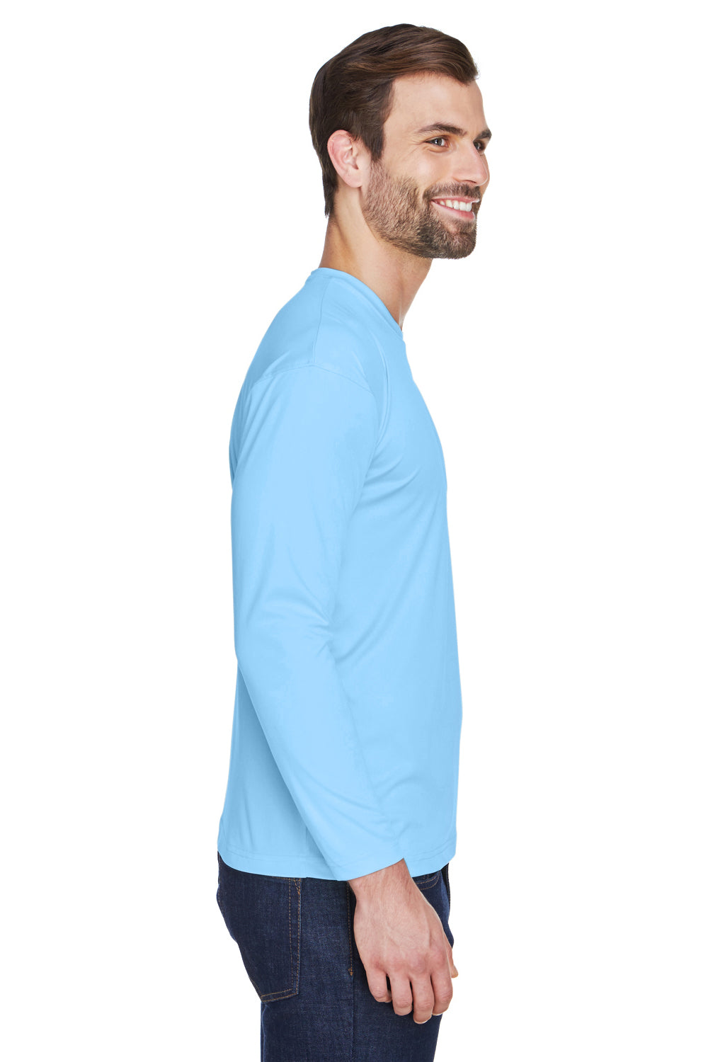 UltraClub 8422 Mens Cool & Dry Performance Moisture Wicking Long Sleeve Crewneck T-Shirt Columbia Blue Model Side