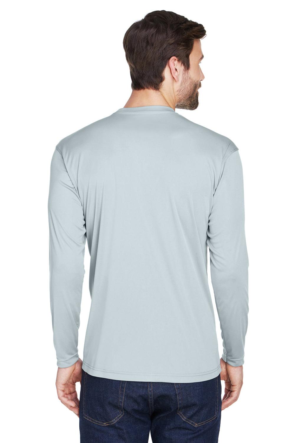 UltraClub 8422 Mens Cool & Dry Performance Moisture Wicking Long Sleeve Crewneck T-Shirt Grey Model Back