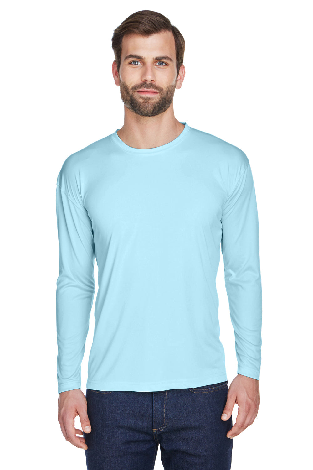 UltraClub 8422 Mens Cool & Dry Performance Moisture Wicking Long Sleeve Crewneck T-Shirt Ice Blue Model Front