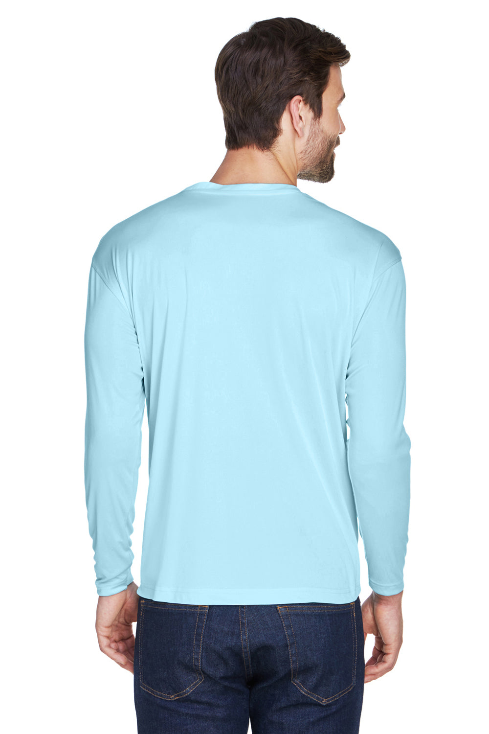 UltraClub 8422 Mens Cool & Dry Performance Moisture Wicking Long Sleeve Crewneck T-Shirt Ice Blue Model Back