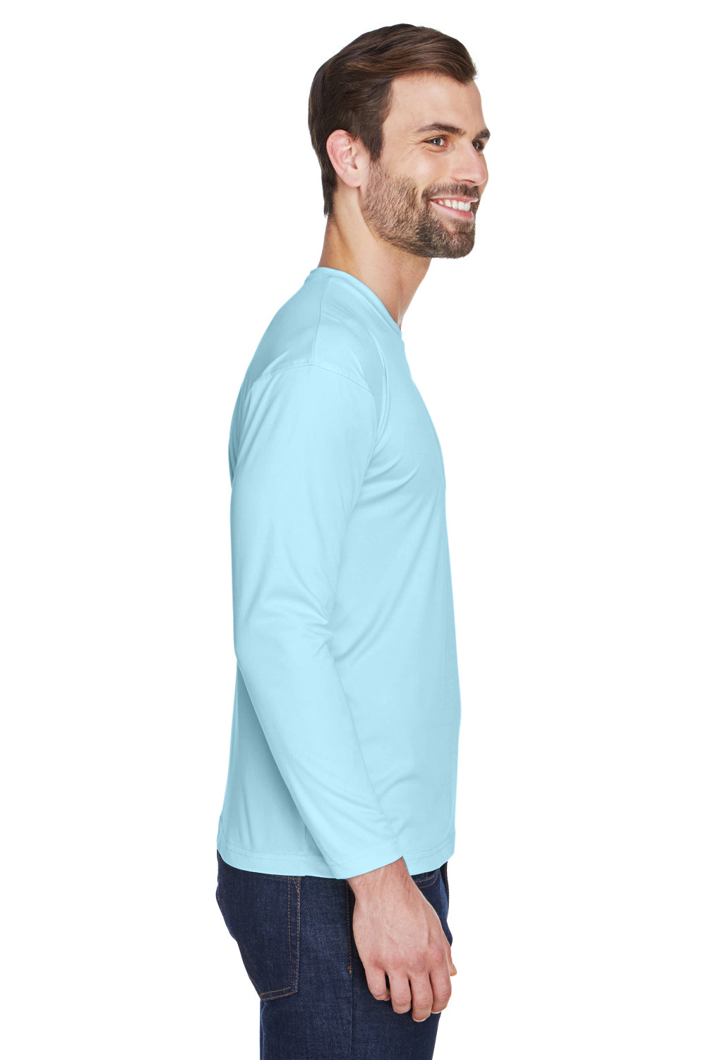 UltraClub 8422 Mens Cool & Dry Performance Moisture Wicking Long Sleeve Crewneck T-Shirt Ice Blue Model Side