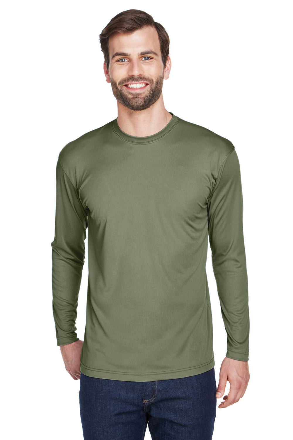 UltraClub 8422 Mens Cool & Dry Performance Moisture Wicking Long Sleeve Crewneck T-Shirt Military Green Model Front