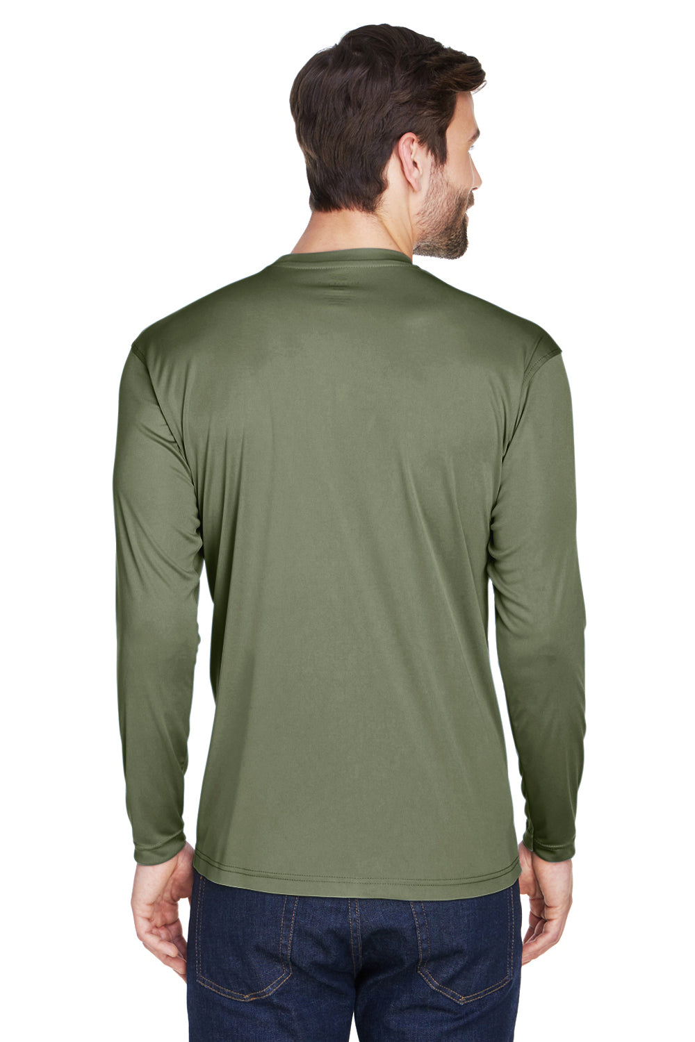 UltraClub 8422 Mens Cool & Dry Performance Moisture Wicking Long Sleeve Crewneck T-Shirt Military Green Model Back