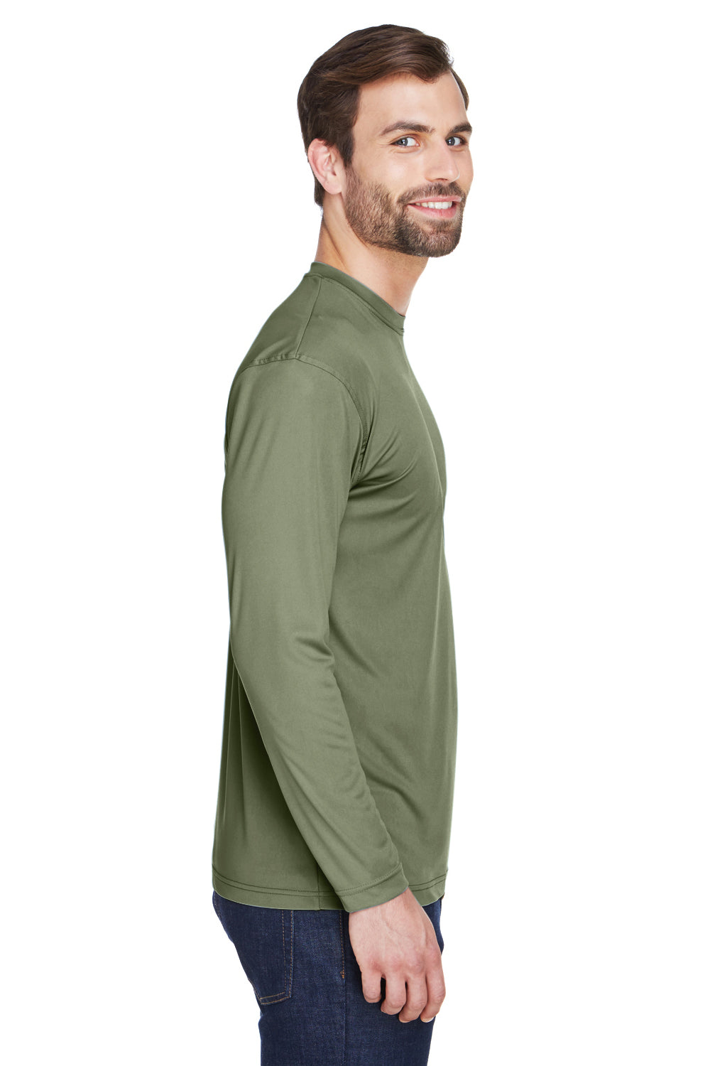 UltraClub 8422 Mens Cool & Dry Performance Moisture Wicking Long Sleeve Crewneck T-Shirt Military Green Model Side