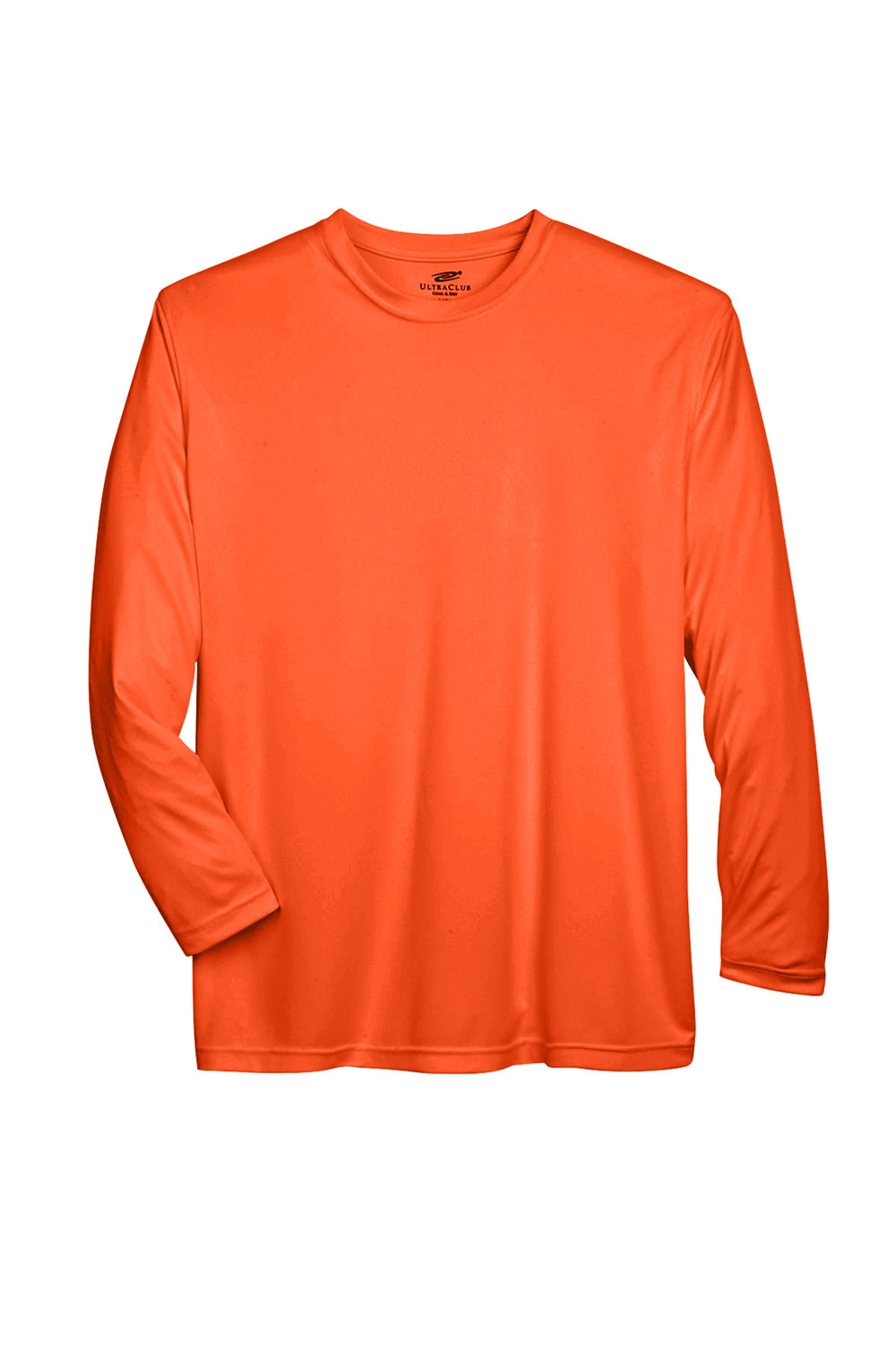 UltraClub 8422 Mens Cool & Dry Performance Moisture Wicking Long Sleeve Crewneck T-Shirt Bright Orange Flat Front