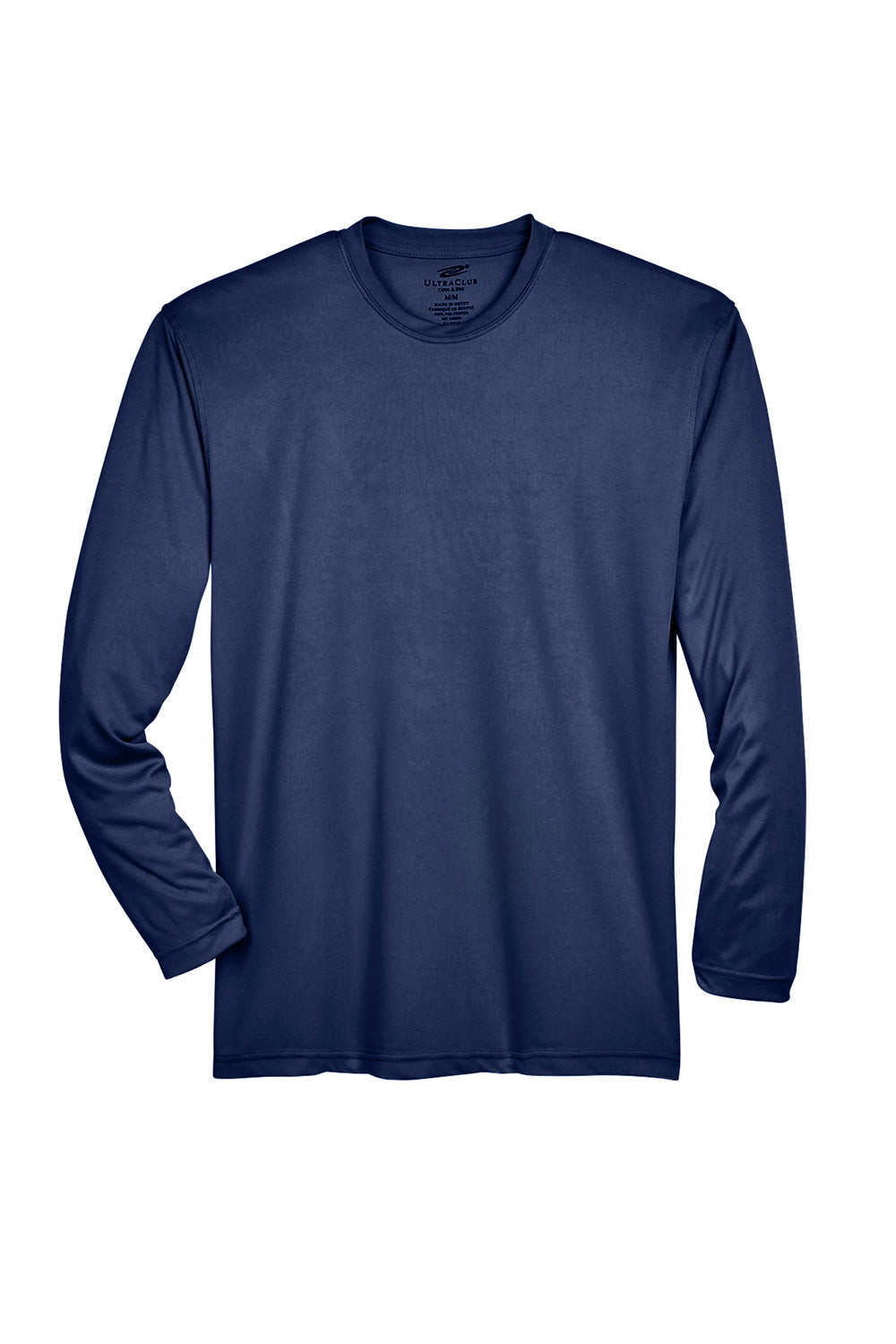 UltraClub 8422 Mens Cool & Dry Performance Moisture Wicking Long Sleeve Crewneck T-Shirt Navy Blue Flat Front