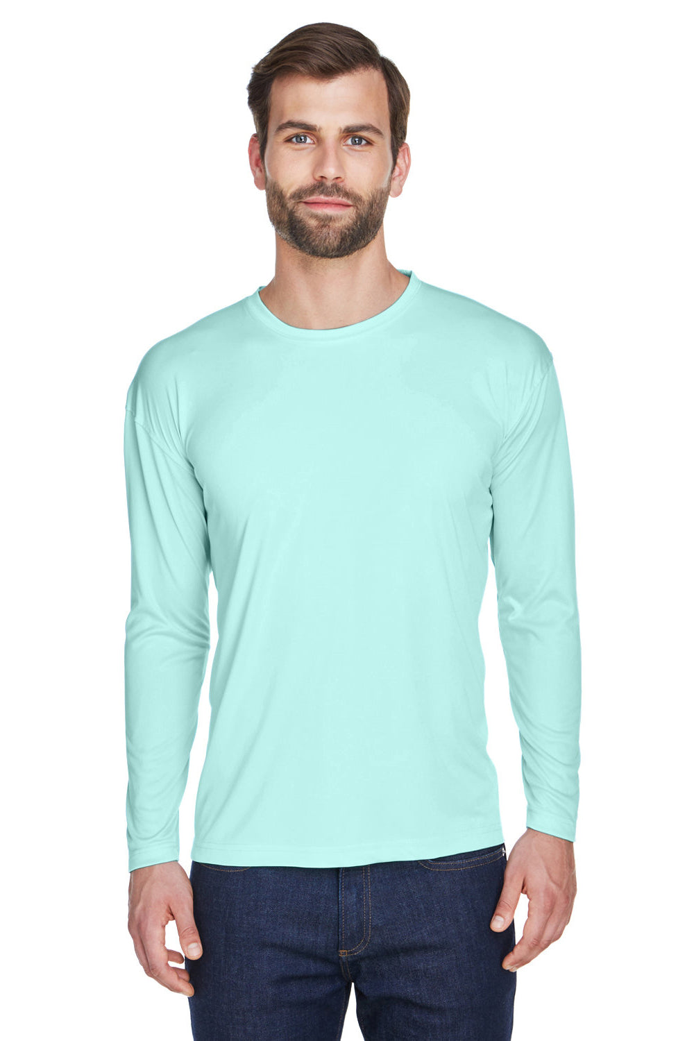 UltraClub 8422 Mens Cool & Dry Performance Moisture Wicking Long Sleeve Crewneck T-Shirt Sea Frost Green Model Front