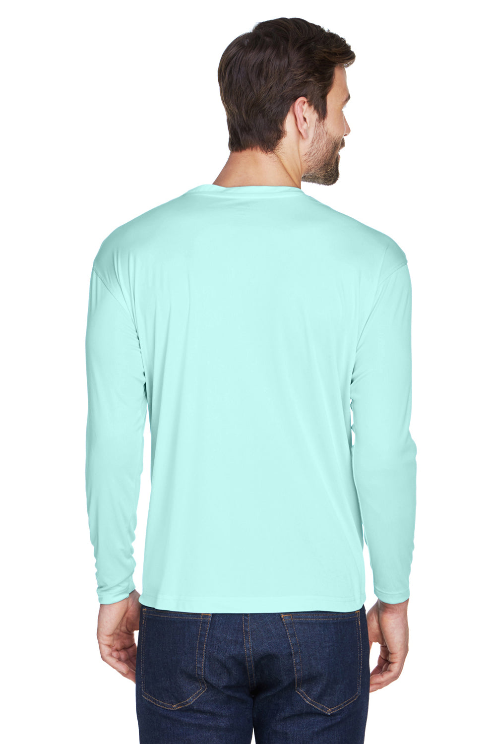 UltraClub 8422 Mens Cool & Dry Performance Moisture Wicking Long Sleeve Crewneck T-Shirt Sea Frost Green Model Back