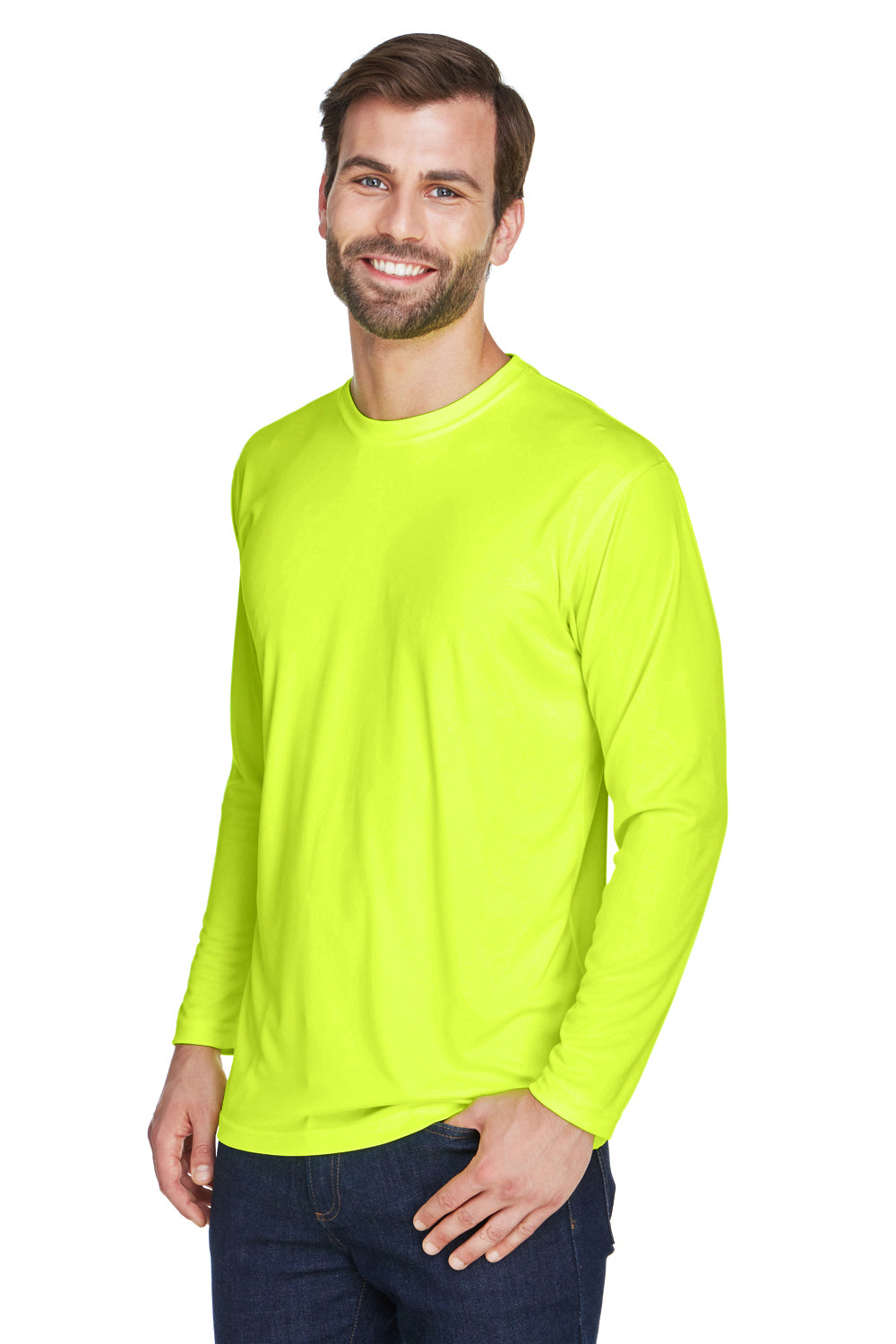 UltraClub 8422 Mens Cool & Dry Performance Moisture Wicking Long Sleeve Crewneck T-Shirt Bright Yellow Model 3q