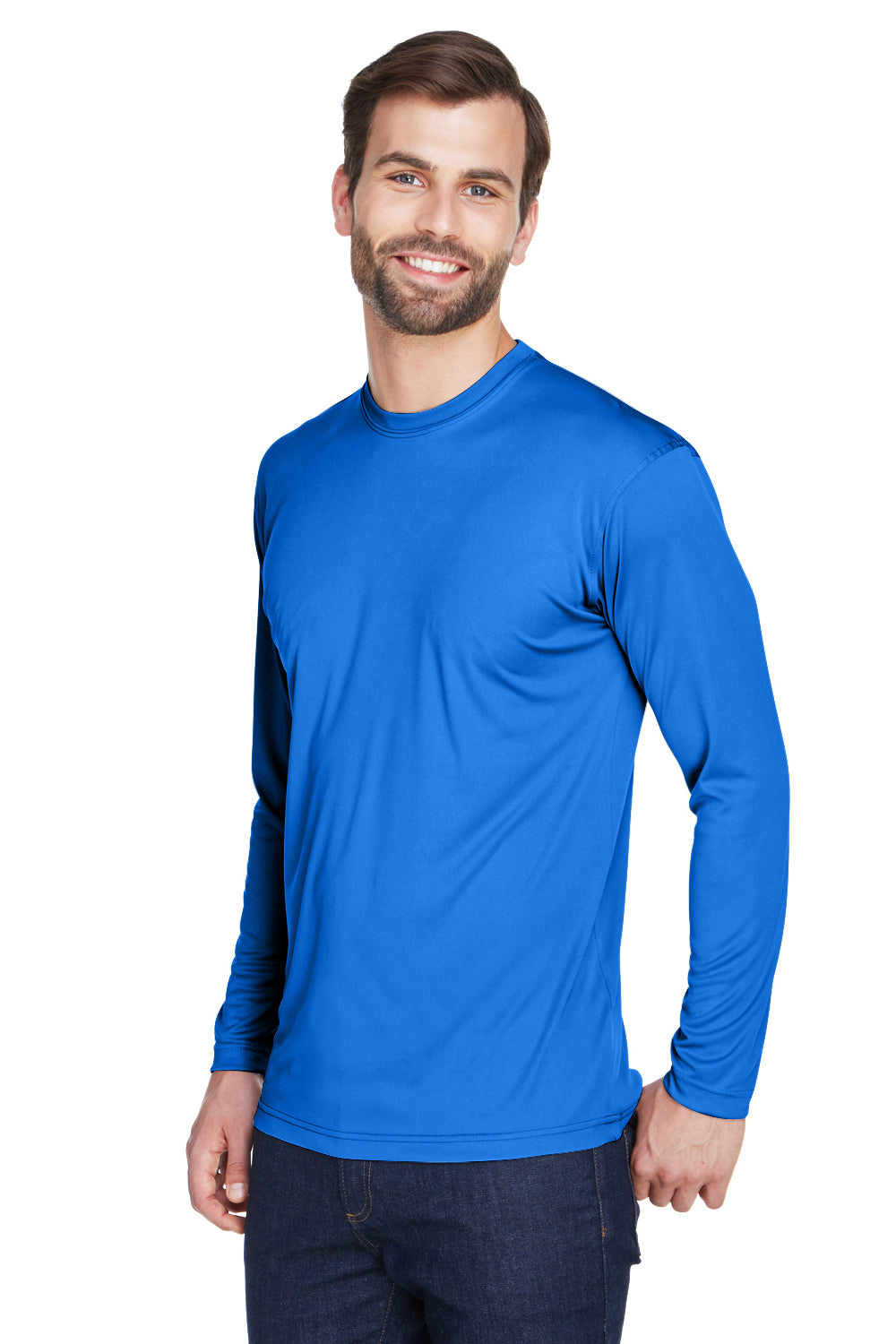 UltraClub 8422 Mens Cool & Dry Performance Moisture Wicking Long Sleeve Crewneck T-Shirt Royal Blue Model 3q