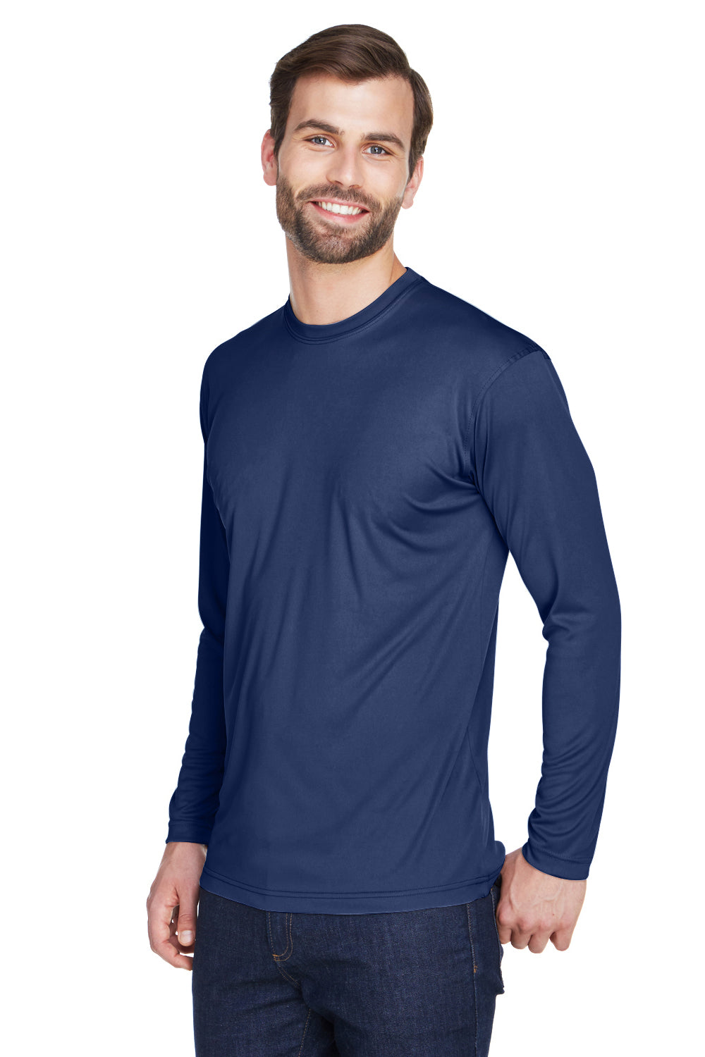 UltraClub 8422 Mens Cool & Dry Performance Moisture Wicking Long Sleeve Crewneck T-Shirt Navy Blue Model 3q