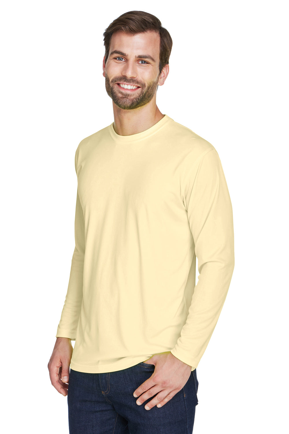 UltraClub 8422 Mens Cool & Dry Performance Moisture Wicking Long Sleeve Crewneck T-Shirt Butter Yellow Model 3q