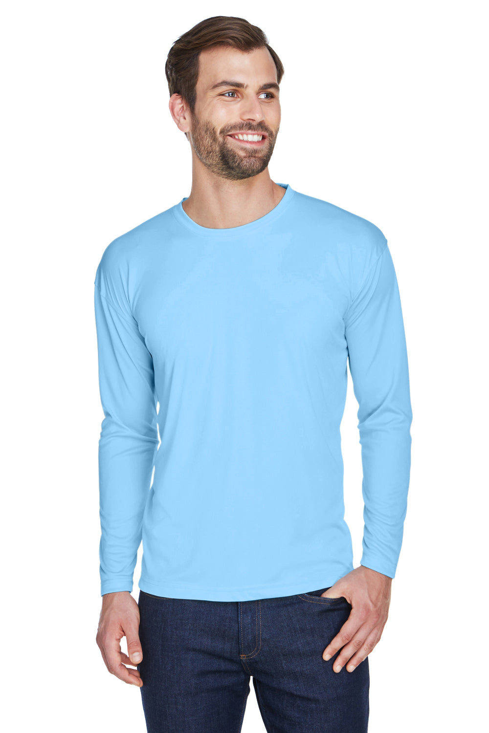 UltraClub 8422 Mens Cool & Dry Performance Moisture Wicking Long Sleeve Crewneck T-Shirt Columbia Blue Model 3q