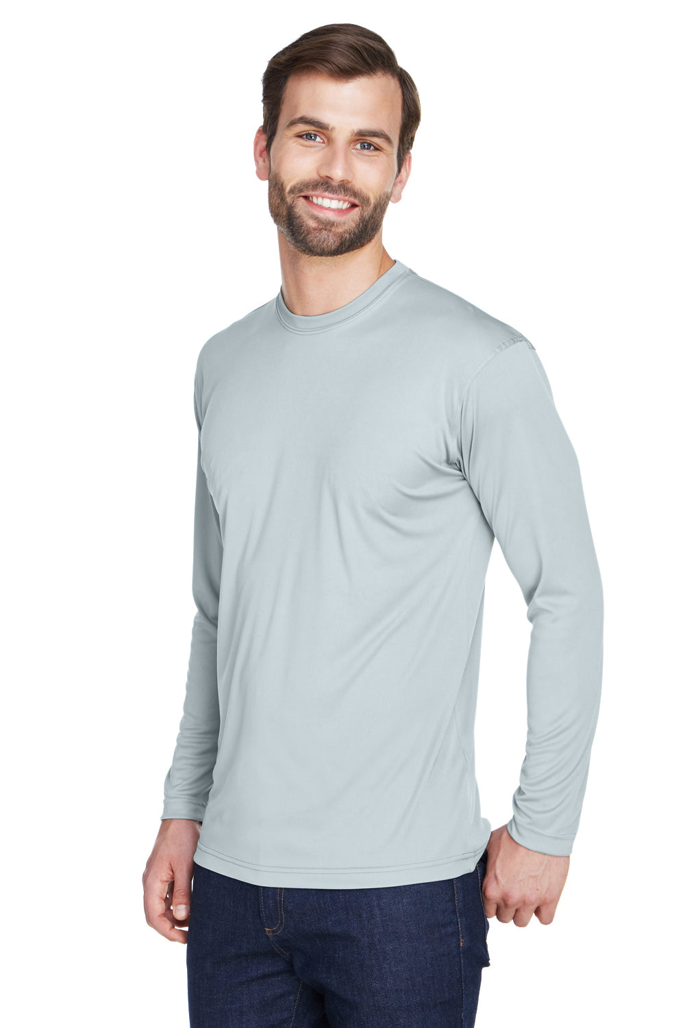 UltraClub 8422 Mens Cool & Dry Performance Moisture Wicking Long Sleeve Crewneck T-Shirt Grey Model 3q