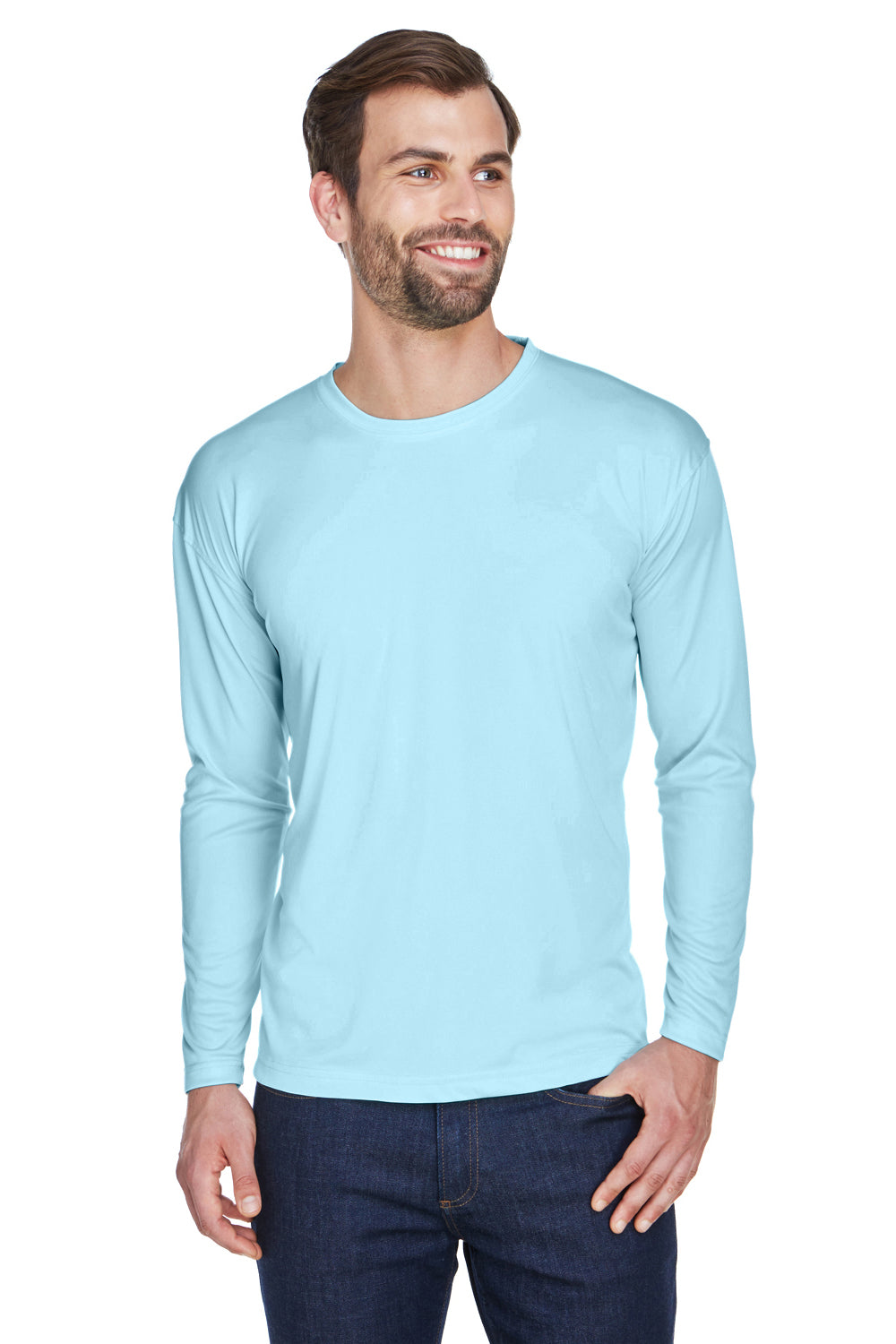 UltraClub 8422 Mens Cool & Dry Performance Moisture Wicking Long Sleeve Crewneck T-Shirt Ice Blue Model 3q