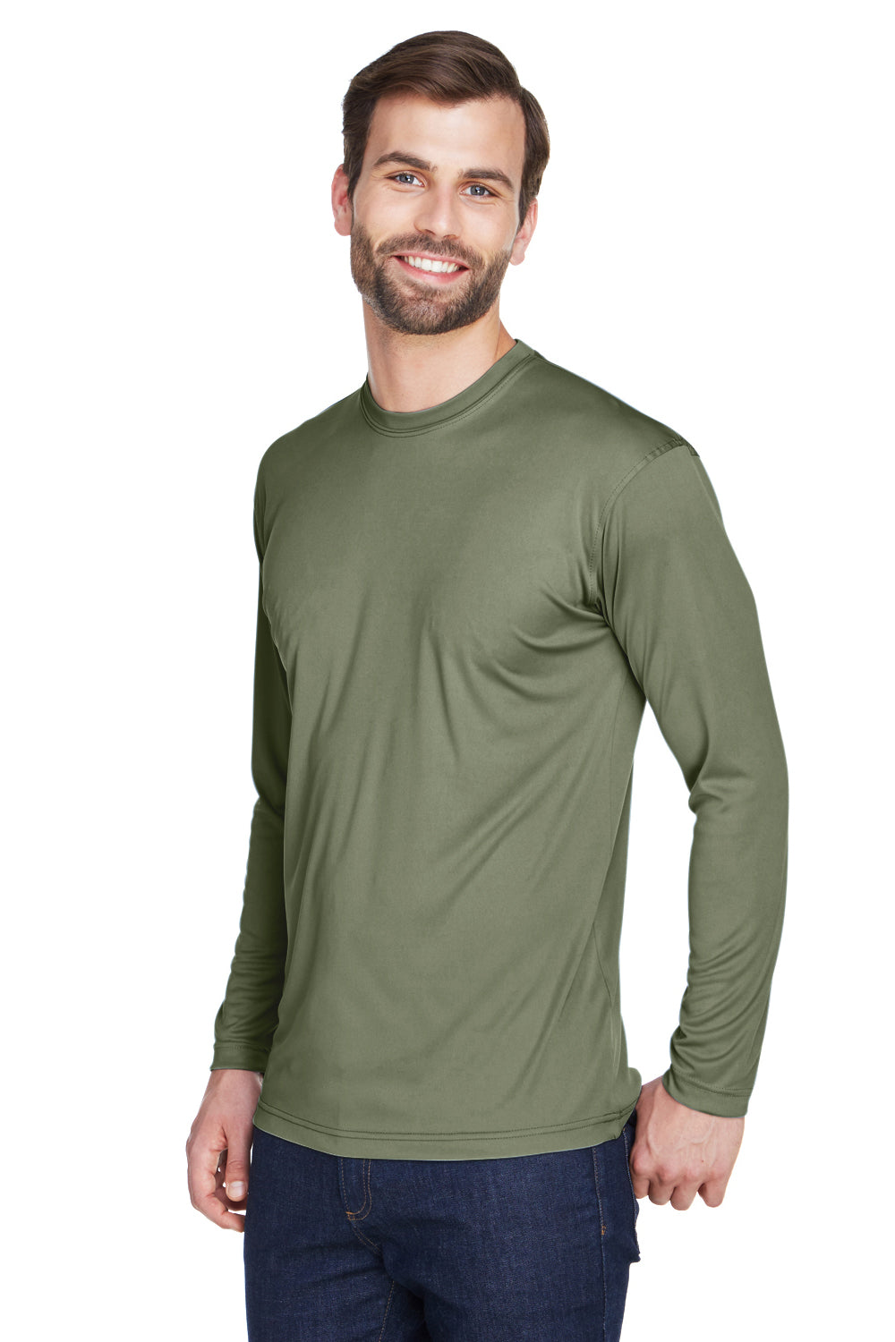 UltraClub 8422 Mens Cool & Dry Performance Moisture Wicking Long Sleeve Crewneck T-Shirt Military Green Model 3q