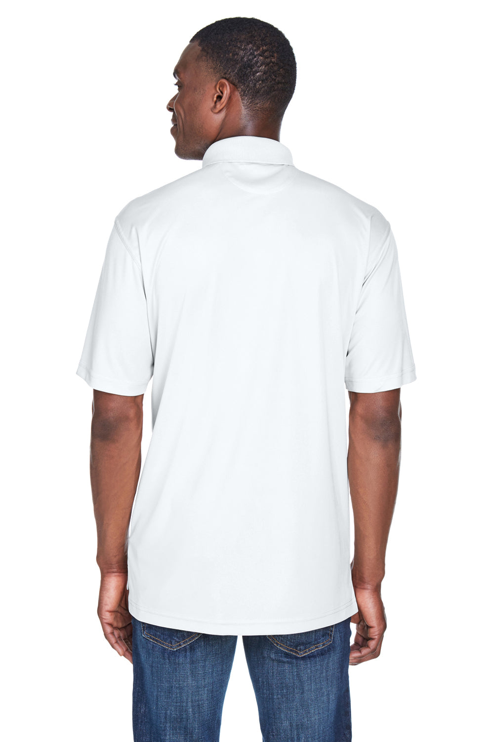 UltraClub 8425 Mens Cool & Dry Performance Moisture Wicking Short Sleeve Polo Shirt White Model Back