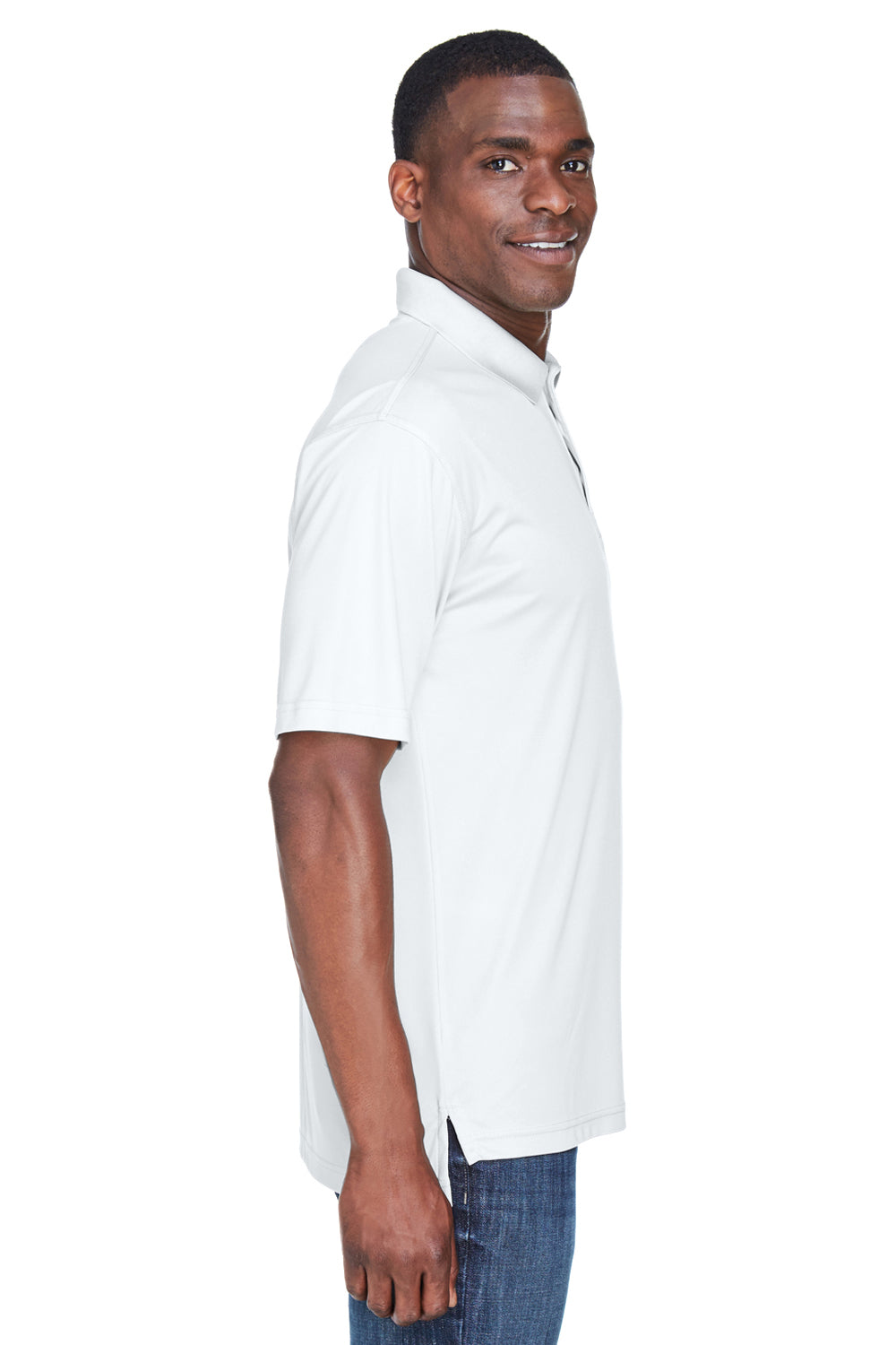 UltraClub 8425 Mens Cool & Dry Performance Moisture Wicking Short Sleeve Polo Shirt White Model Side