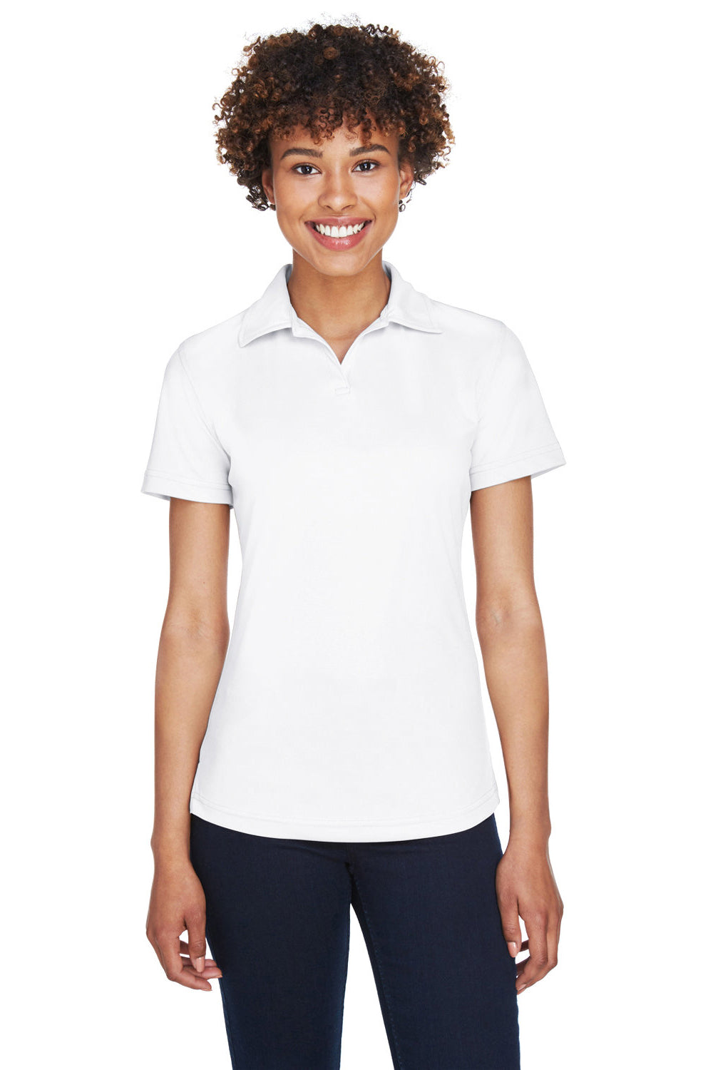 UltraClub 8425L Womens Cool & Dry Performance Moisture Wicking Short Sleeve Polo Shirt White Model Front