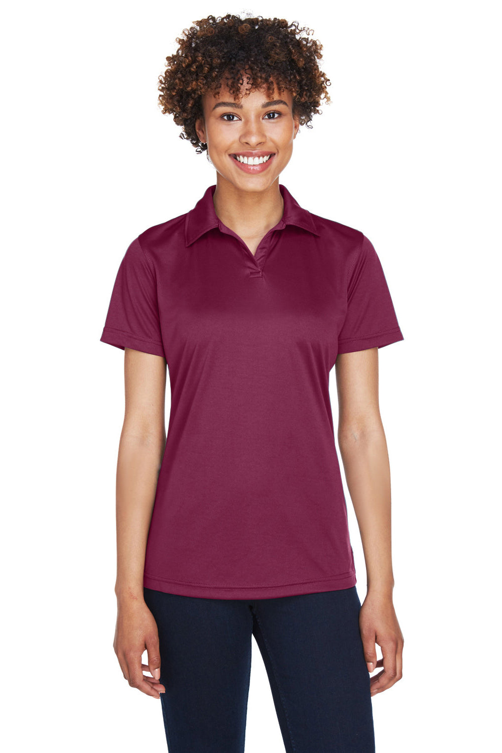 UltraClub 8425L Womens Cool & Dry Performance Moisture Wicking Short Sleeve Polo Shirt Maroon Model Front