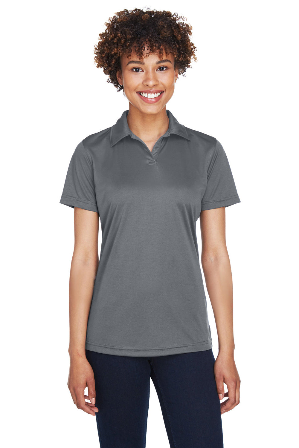 UltraClub 8425L Womens Cool & Dry Performance Moisture Wicking Short Sleeve Polo Shirt Charcoal Grey Model Front