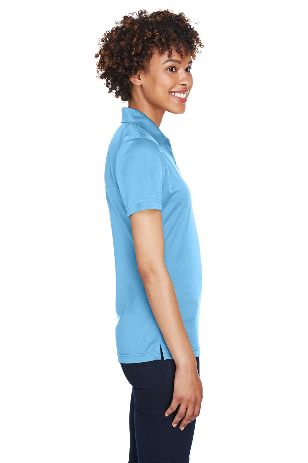 UltraClub 8425L Womens Cool & Dry Performance Moisture Wicking Short Sleeve Polo Shirt Columbia Blue Model Side