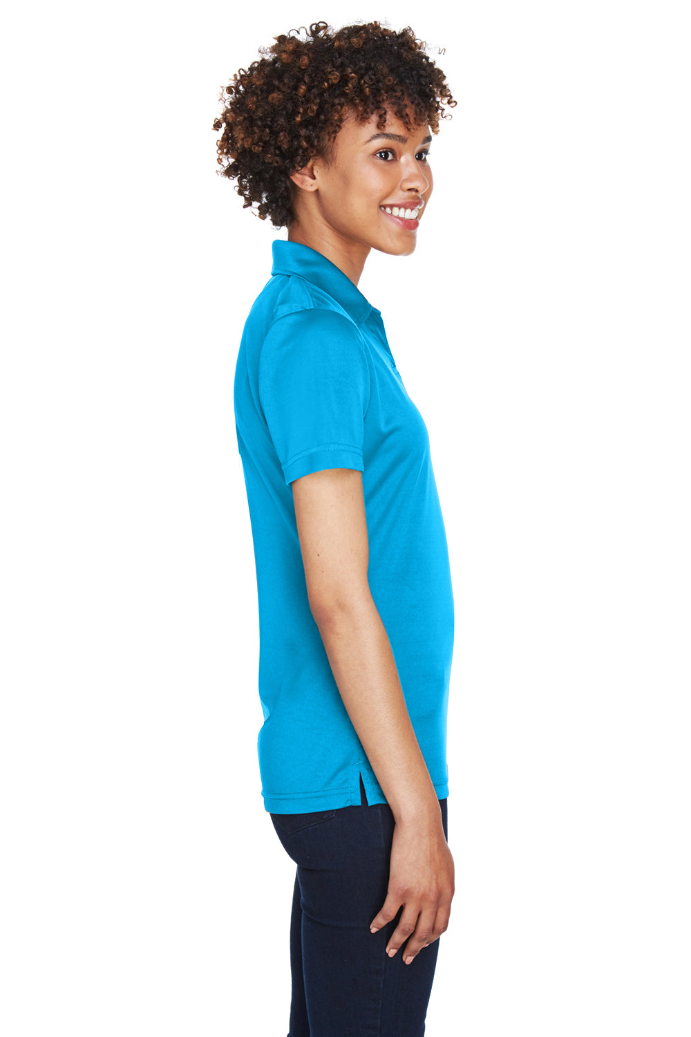 UltraClub 8425L Womens Cool & Dry Performance Moisture Wicking Short Sleeve Polo Shirt Sapphire Blue Model Side