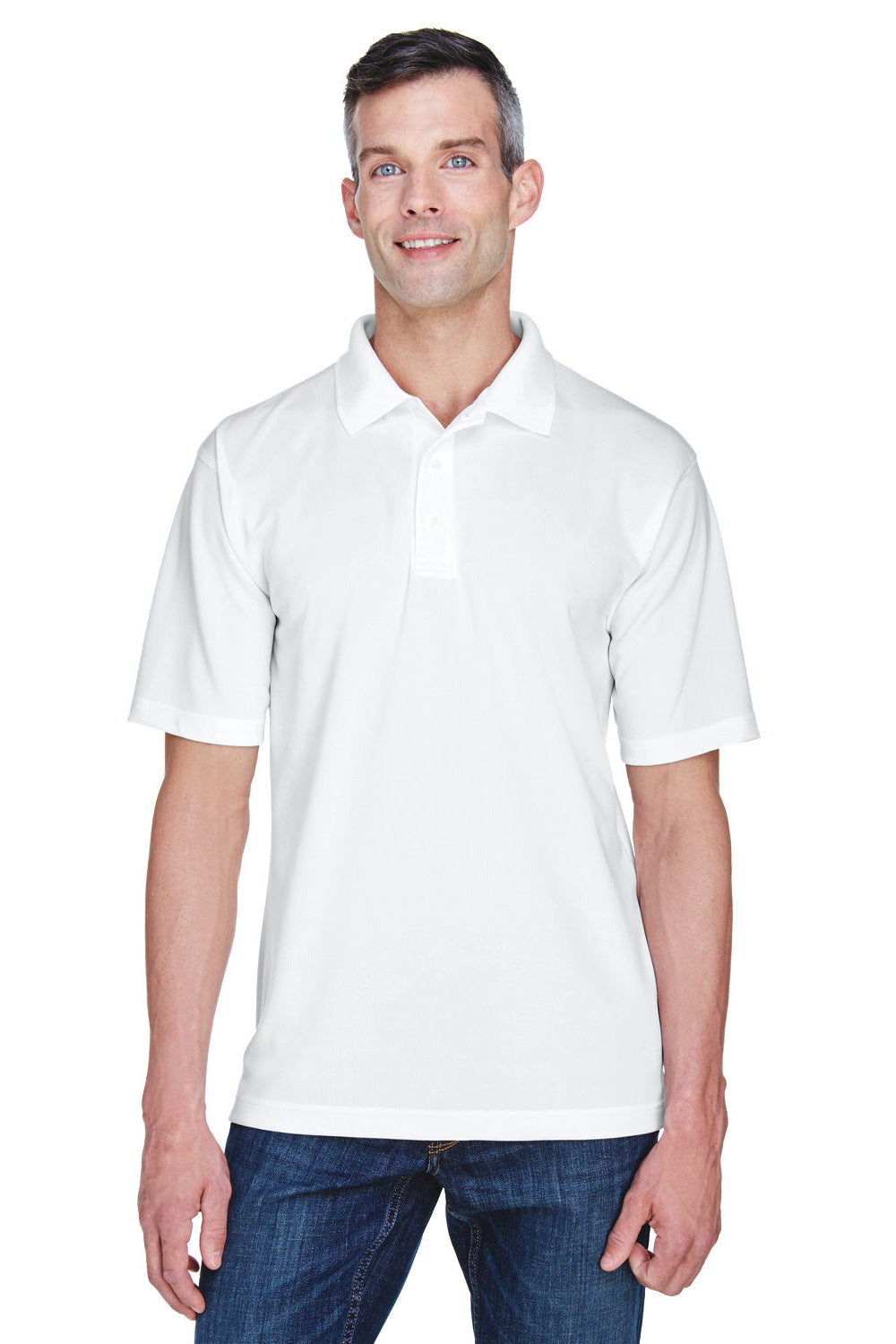 UltraClub 8445 Mens Cool & Dry Performance Moisture Wicking Short Sleeve Polo Shirt White Model Front